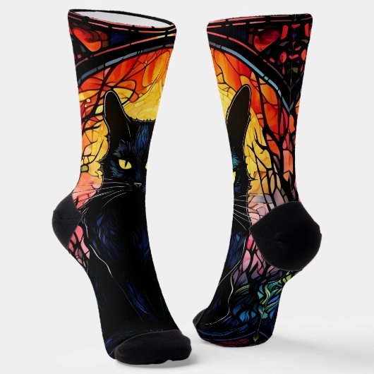 Zwarte Kat Glas in Lood Rood Griezelig Sokken (Gebogen)