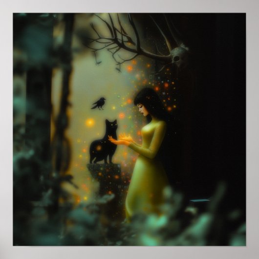 Zwarte Kat Groen Bos Witchy AI Art Matte Waarde Poster (Voorkant)