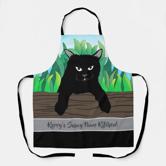 Zwarte kat groen gras, grijze band, Medium Schort (Voorkant)