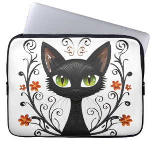 Zwarte kat groene ogen Filigree Design laptophoes Laptop Sleeve