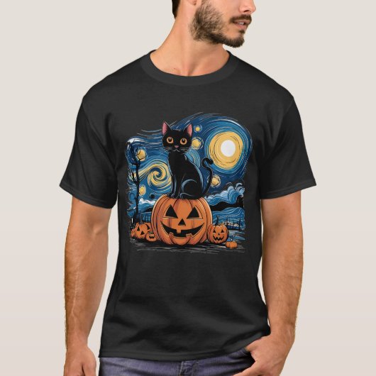 Zwarte kat Halloween Cat Lovers Sterrennacht Cat T-shirt (Voorkant)