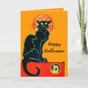 ZWARTE KAT HALLOWEEN FEESTJE MONOGRAM KAART