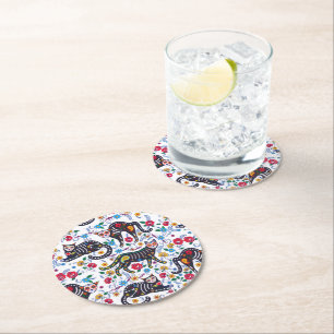  zwarte kat Halloween Gothic Floral Ronde Kartonnen Onderzetter