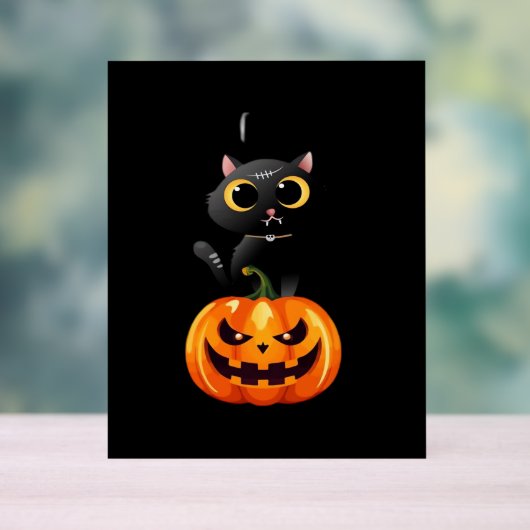 Zwarte Kat Halloween Ontwerp – Griezelige Pompoen Acryl Bord (Neutraal)