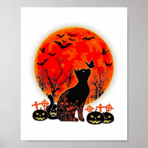 Zwarte kat Halloween Pompoen Maan Spooy Poster