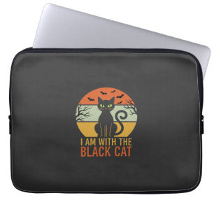 Zwarte Kat Halloween Retro Zonsondergang Ontwerp Laptop Sleeve