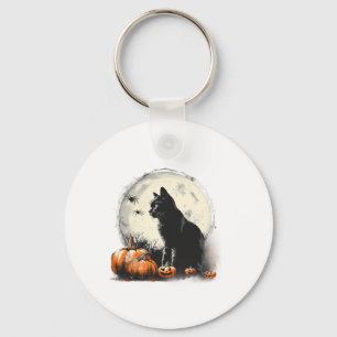 Zwarte kat Halloween Spooky Moon kunstwerk Pumpkin Sleutelhanger