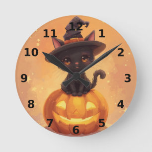 Zwarte kat Halloween wandklok Ronde Klok