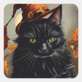 Zwarte kat Halloween  Witchy Schilderij Spooky Vierkante Sticker (Voorkant)
