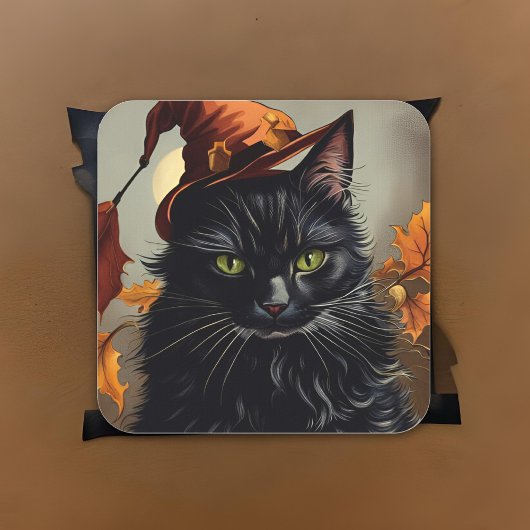 Zwarte kat Halloween  Witchy Schilderij Spooky Vierkante Sticker