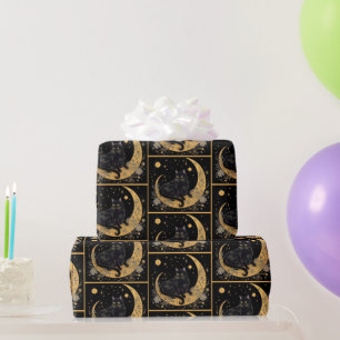 Zwarte Kat Halve Maan Bloem Goud Halloween Cadeaupapier
