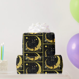 Zwarte Kat Halve Maan Bloem Goud Halloween Cadeaupapier
