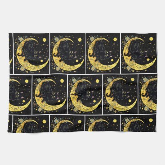 Zwarte Kat Halve Maan Bloemen Wit Halloween Theedoek (Horizontaal)