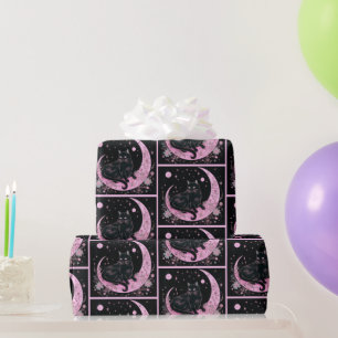 Zwarte Kat Halve Maan Bloemrijk Roze Halloween Cadeaupapier