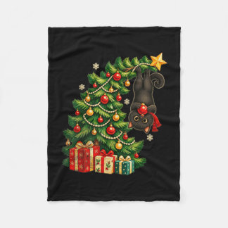 Zwarte kat hangend aan kerstboom feestelijke huisd fleece deken