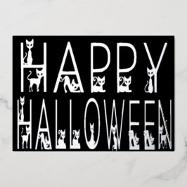 Zwarte kat "Happy Halloween" Typografie Ontwerp Folie Uitnodiging