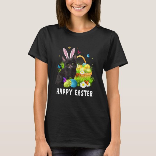 Zwarte kat Happy Paasdag Bunny Eggs Mannen vrouwen T-shirt (Voorkant)