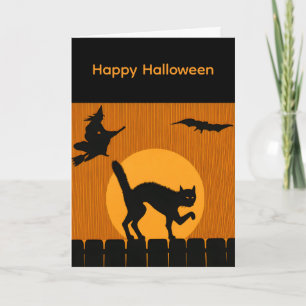 Zwarte kat, heks en maansilhouet voor Halloween Kaart