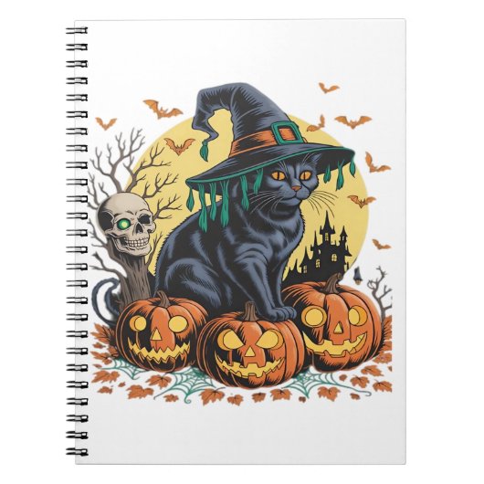 Zwarte kat heks enge Halloween pompoen oversized Notitieboek (Voorkant)