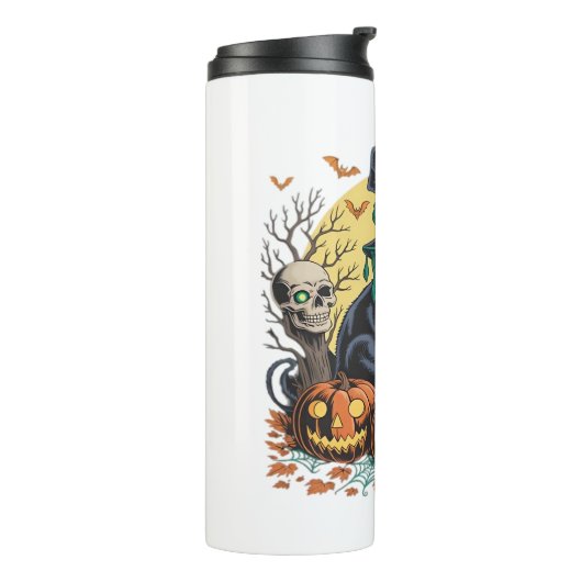 Zwarte kat heks enge Halloween pompoen oversized Thermosbeker (Gedraaid links)