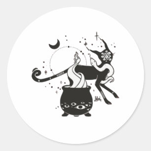 Zwarte kat-heks met Cauldron, Gothische kunst Ronde Sticker