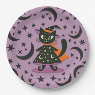 Zwarte Kat Heks Paarse Maan Sterren Halloween Fees Papieren Bordje