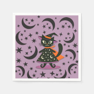 Zwarte Kat Heks Paarse Maan Sterren Halloween Fees Servet