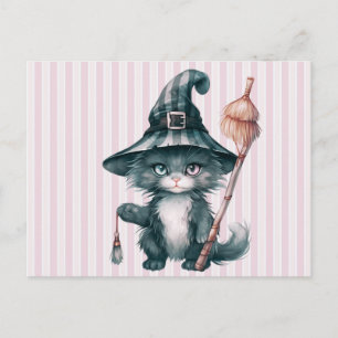 Zwarte Kat Heksenhoed Bezem Roze Strepen Halloween Feestdagenkaart