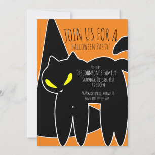 Zwarte Kat Heksenhoed Halloween Feest Uitnodiging