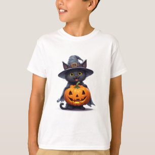 Zwarte Kat Heksenhoed Pompoen Halloween Decoratie T-shirt