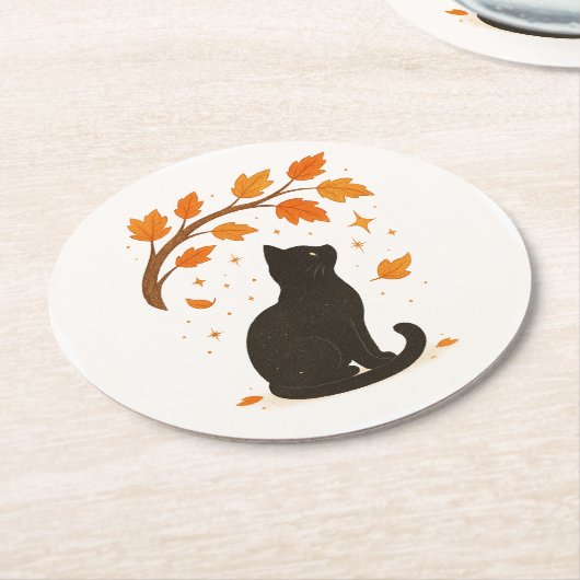 Zwarte Kat Herfst Set van Papieren Onderzetters (Gebogen)
