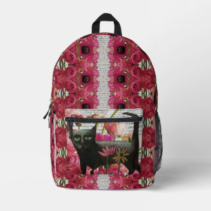 Zwarte Kat Hot Pink Psychedelische Botanische Bloe Bedrukte Rugzak