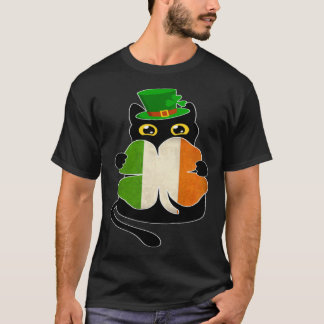 Zwarte Kat Houdt Ierse Vlag van Klaver St. Patrick T-shirt