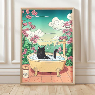 Zwarte Kat in Badkuip Print, Japanse Kunstprint, J Poster