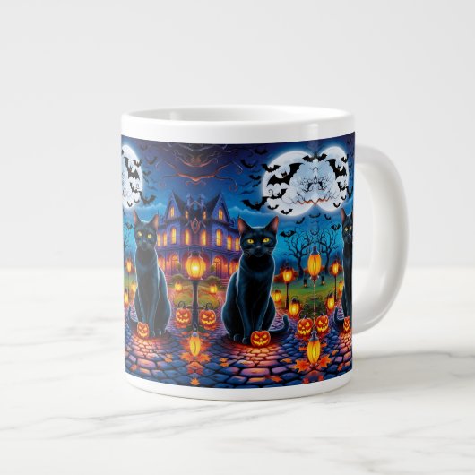 Zwarte kat in betoverd Halloween-landschap Extra Grote Beker (Voorkant rechts)