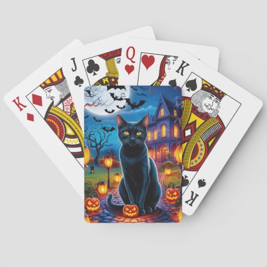 Zwarte kat in betoverd Halloween-landschap Pokerkaarten (Achterkant)