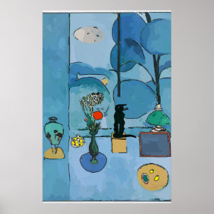 Zwarte kat in blauwe ruimte poster