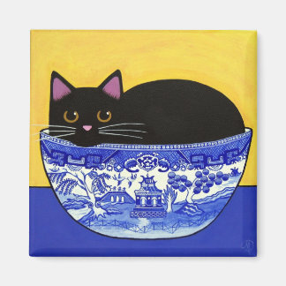 Zwarte KAT in Blauwe Willow Bowl Vierkante Magneet