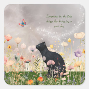 Zwarte kat in bloemen vierkante sticker