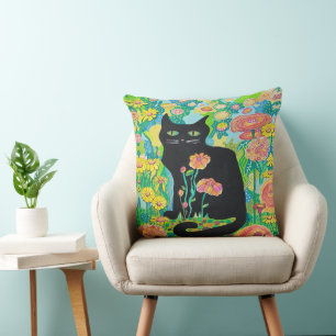 Zwarte kat in bloemen werpkussen Huisdecoratie Kussen
