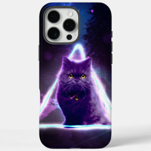 Zwarte kat in de blauwe neonhipsterdriehoek iPhone 16 pro max hoesje