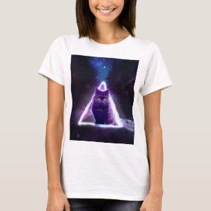 Zwarte kat in de blauwe neonhipsterdriehoek t-shirt