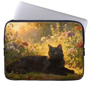 Zwarte Kat in de Bloemen I Laptop Sleeve