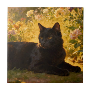 Zwarte Kat in de Bloemen I Tegeltje