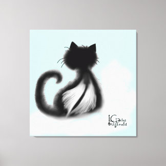 Zwarte kat in de hemel gestrekt canvas afdruk