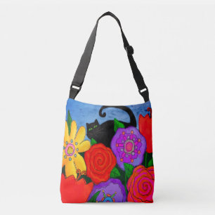 Zwarte kat in de tuin Abstracte kunst Crossbody Tas