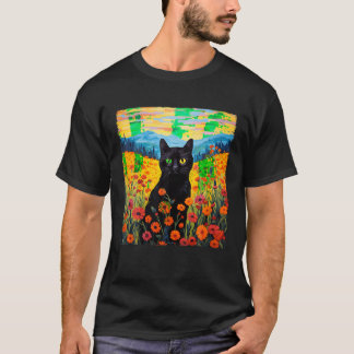 Zwarte kat in een bloemenvelden Van Gogh Kat Sterr T-shirt