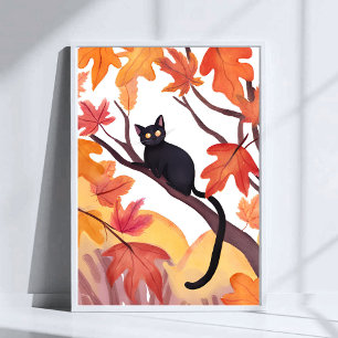 Zwarte Kat in een Boom Herfst Herfst Griezelig S Poster