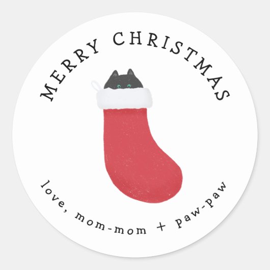 Zwarte kat in een cadeausticker ronde sticker (Voorkant)