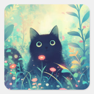 Zwarte kat in een dromerig bos van licht vierkante sticker